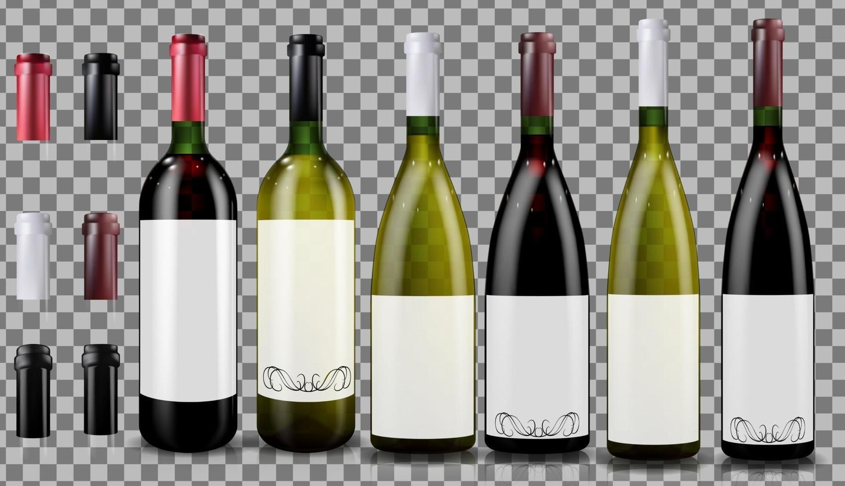 botellas de vino tinto y blanco. maqueta realista. vector