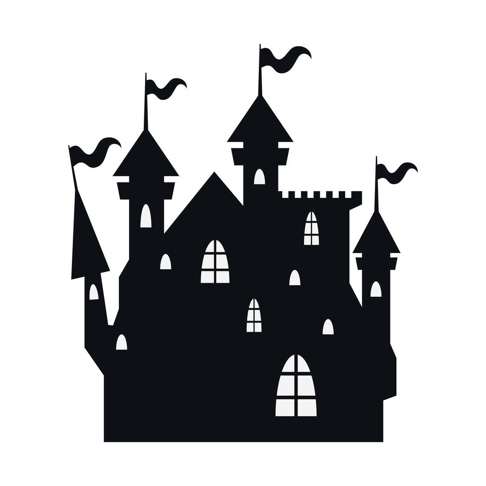 castillo oscuro embrujado de halloween con icono de estilo de silueta de banderas vector