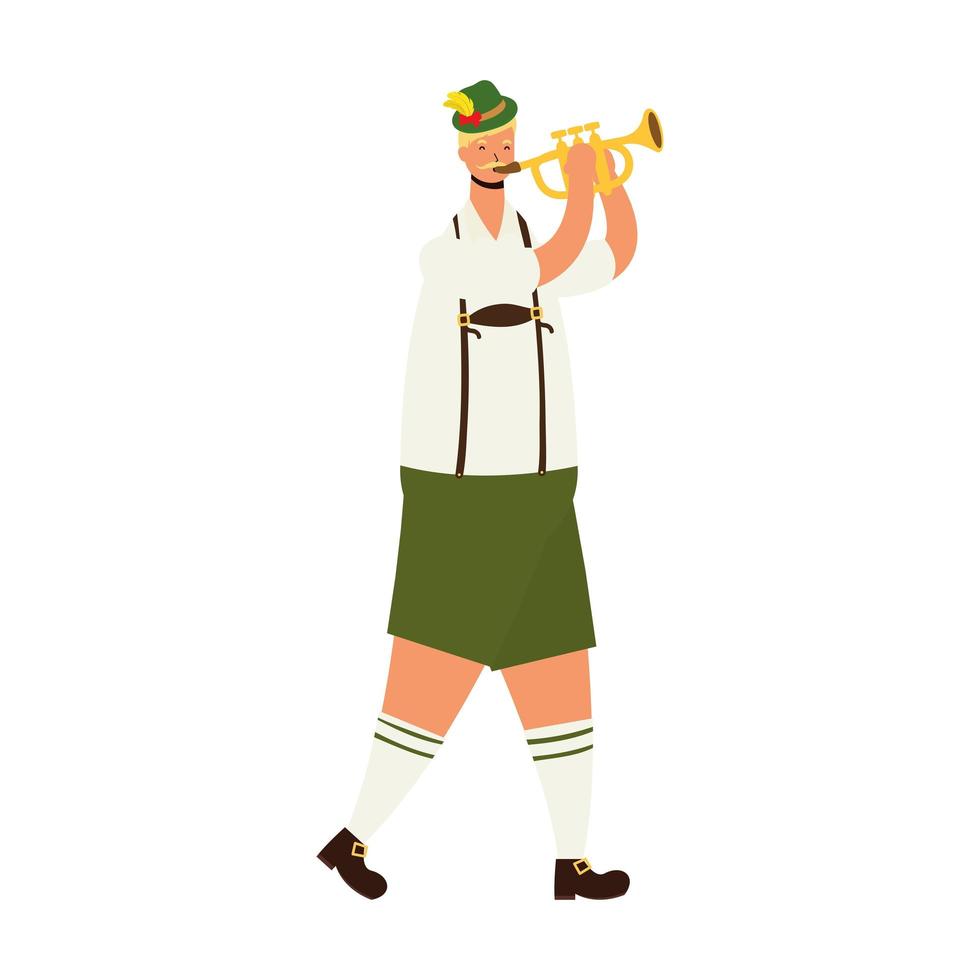 Hombre alemán vestido con traje tirolés tocando trompeta vector