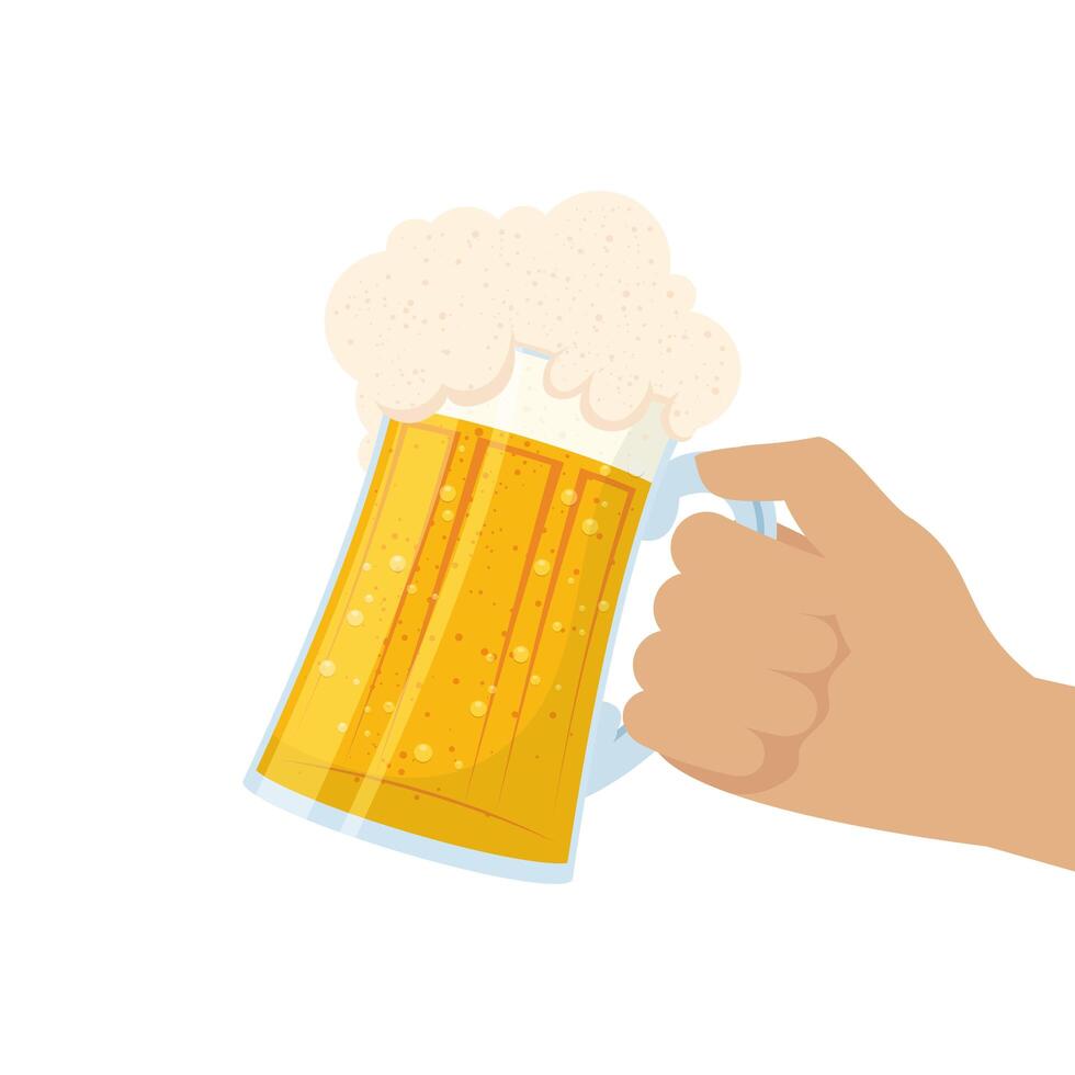 Mano levantando cerveza fresca en jarra icono aislado vector