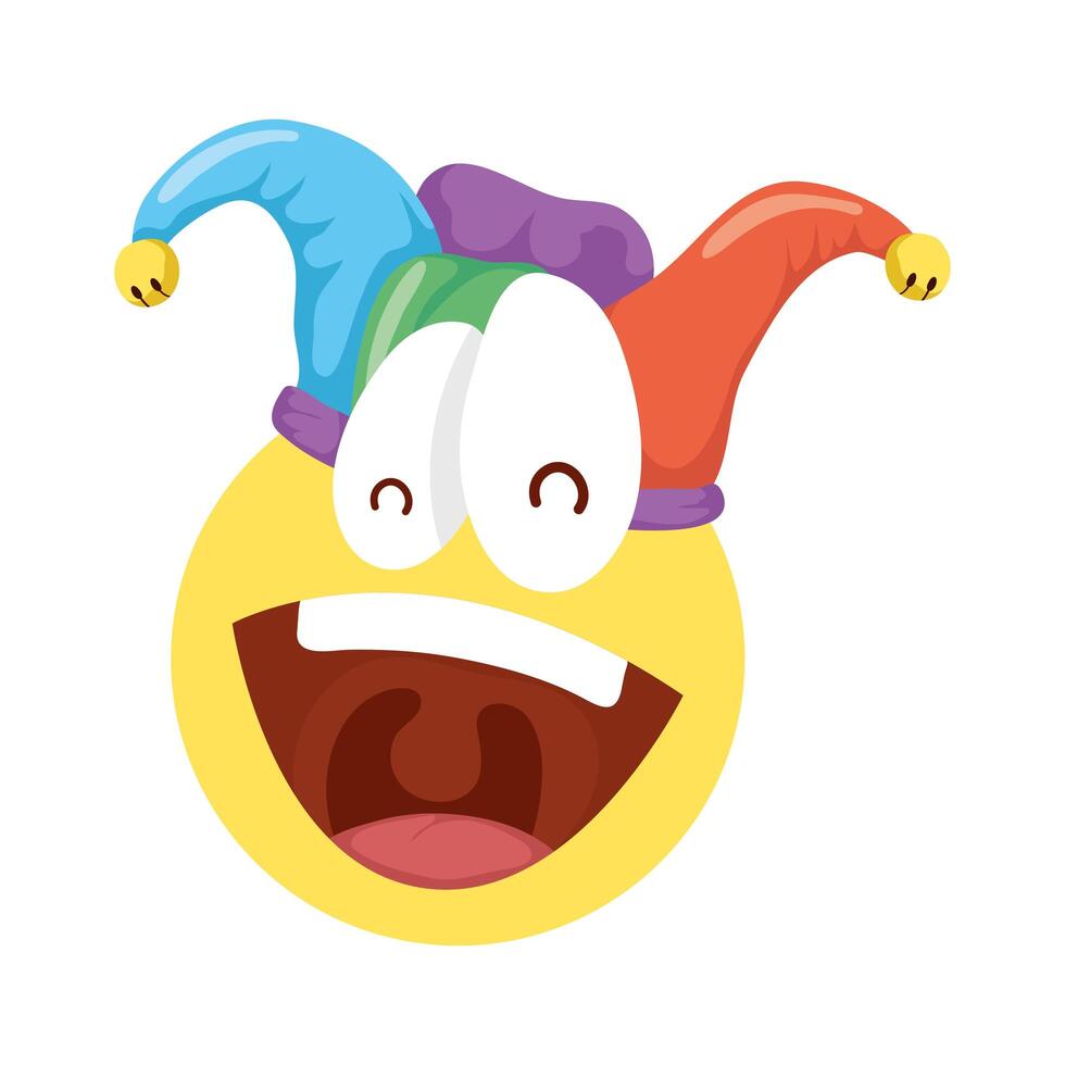 cara de emoji loco con sombrero de bufón icono del día de los tontos vector