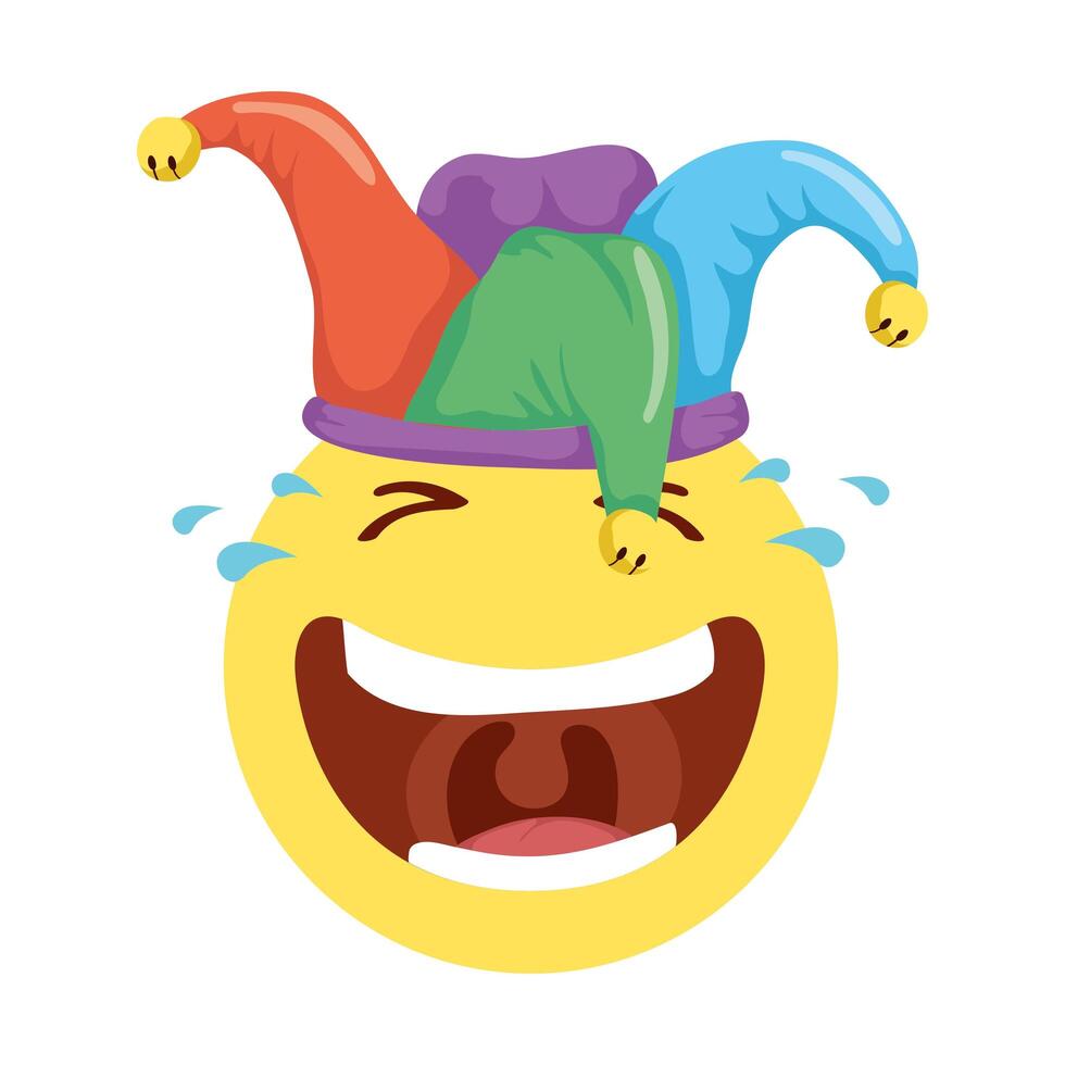 cara de emoji loco con sombrero de bufón icono del día de los tontos vector