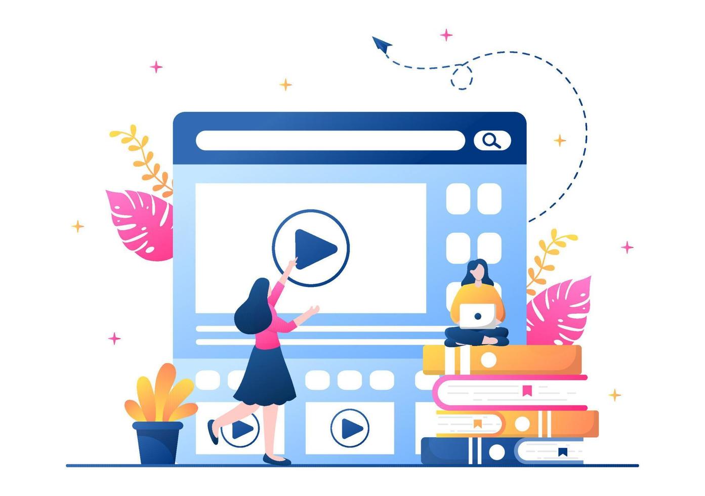 Ilustración de vector de fondo de tutoriales en vídeo. Ver y transmitir en línea en la computadora sobre educación, conocimiento para banner web, folletos, póster o portada de libro.