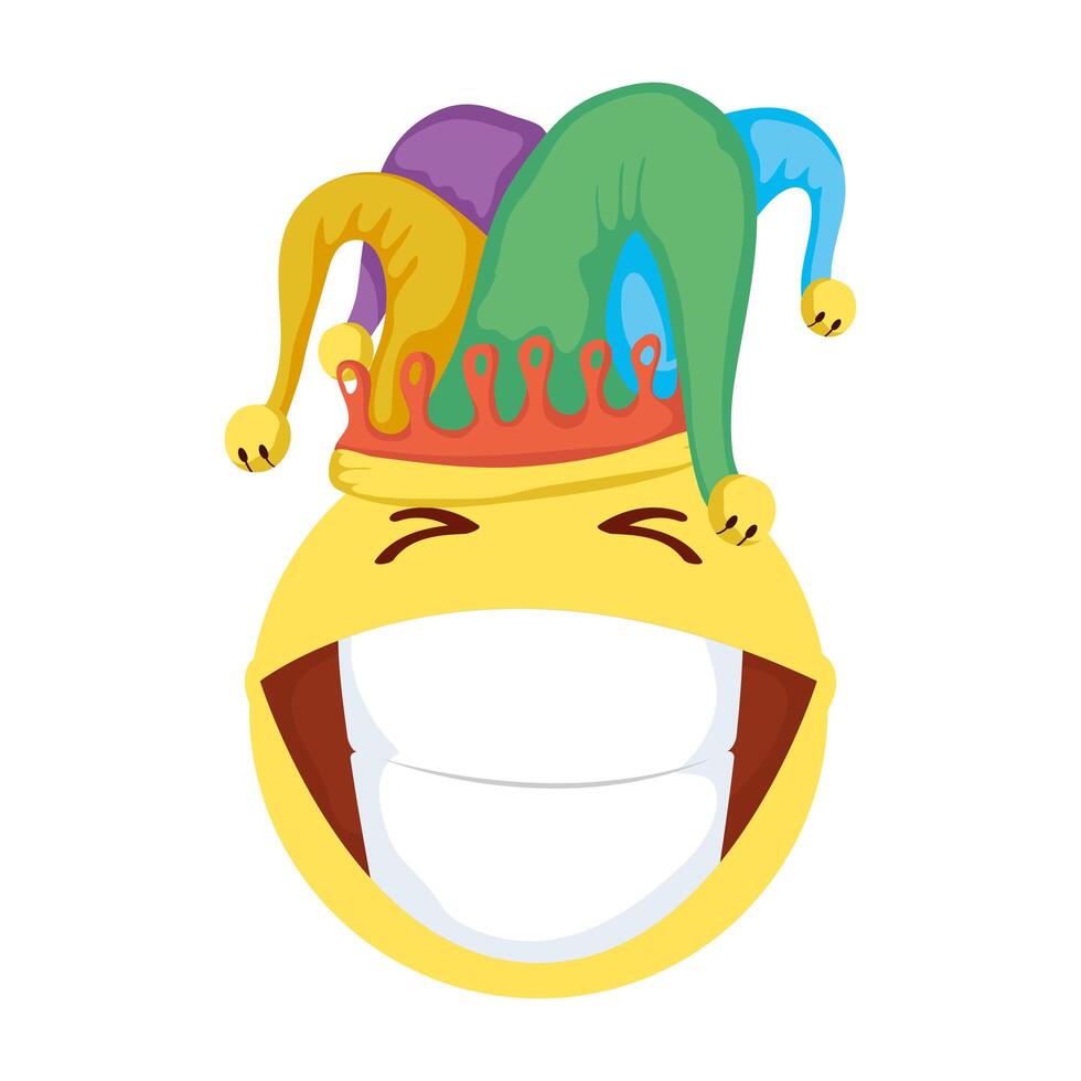 crazy emoji face with jester hat fools day icon vector