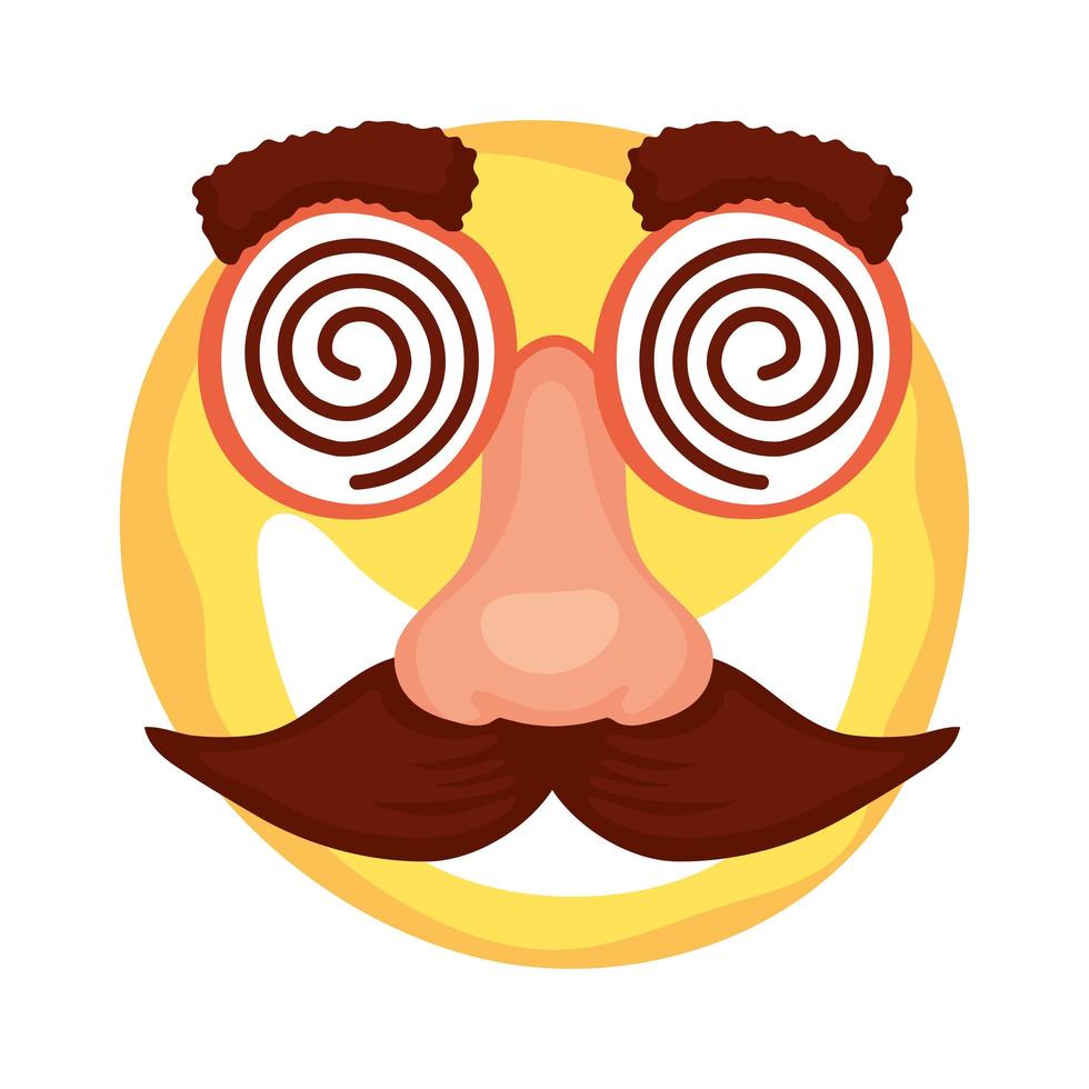cara de emoji loco con bigote y gafas máscara día de los tontos vector