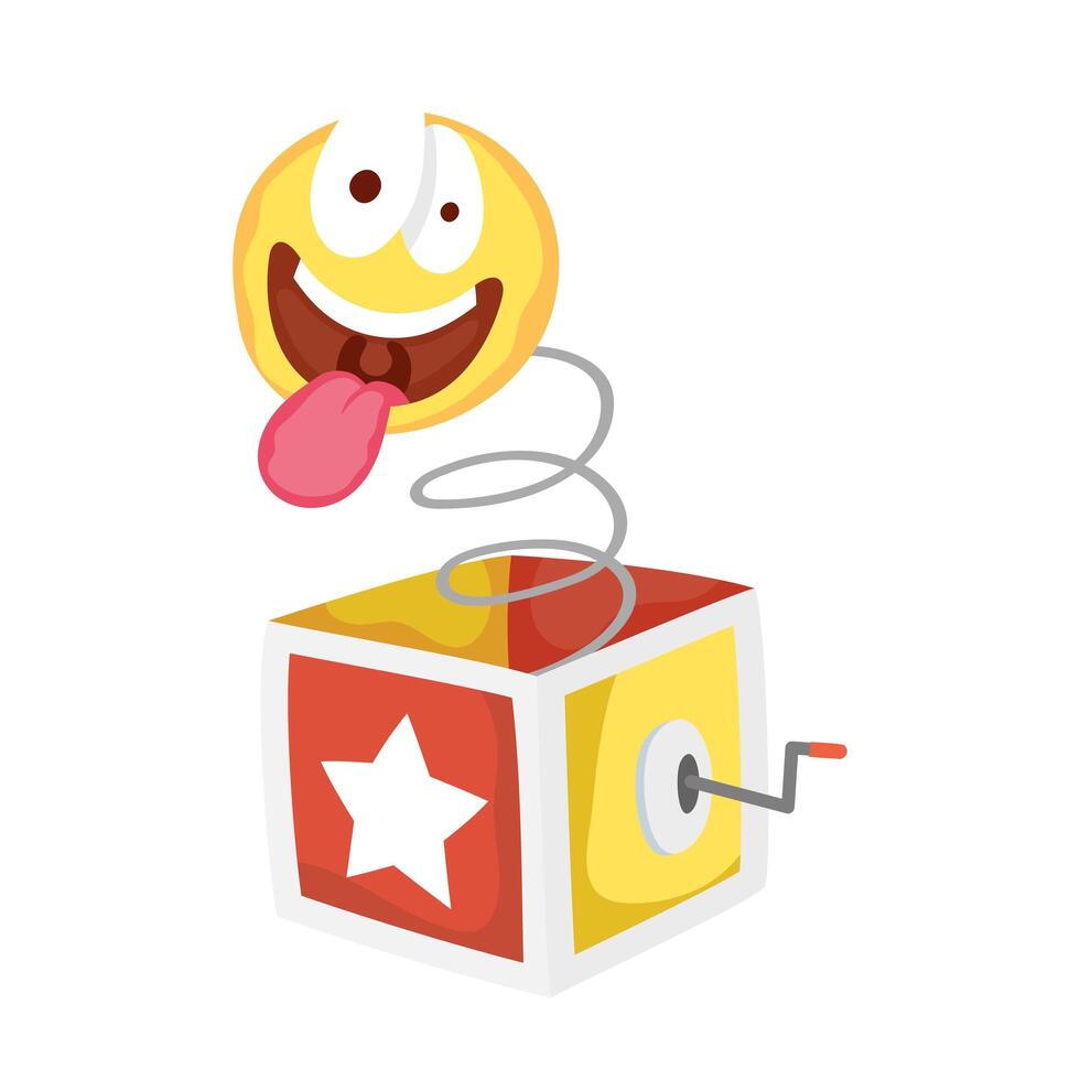 cara de emoji loco en caja sorpresa día de los tontos vector