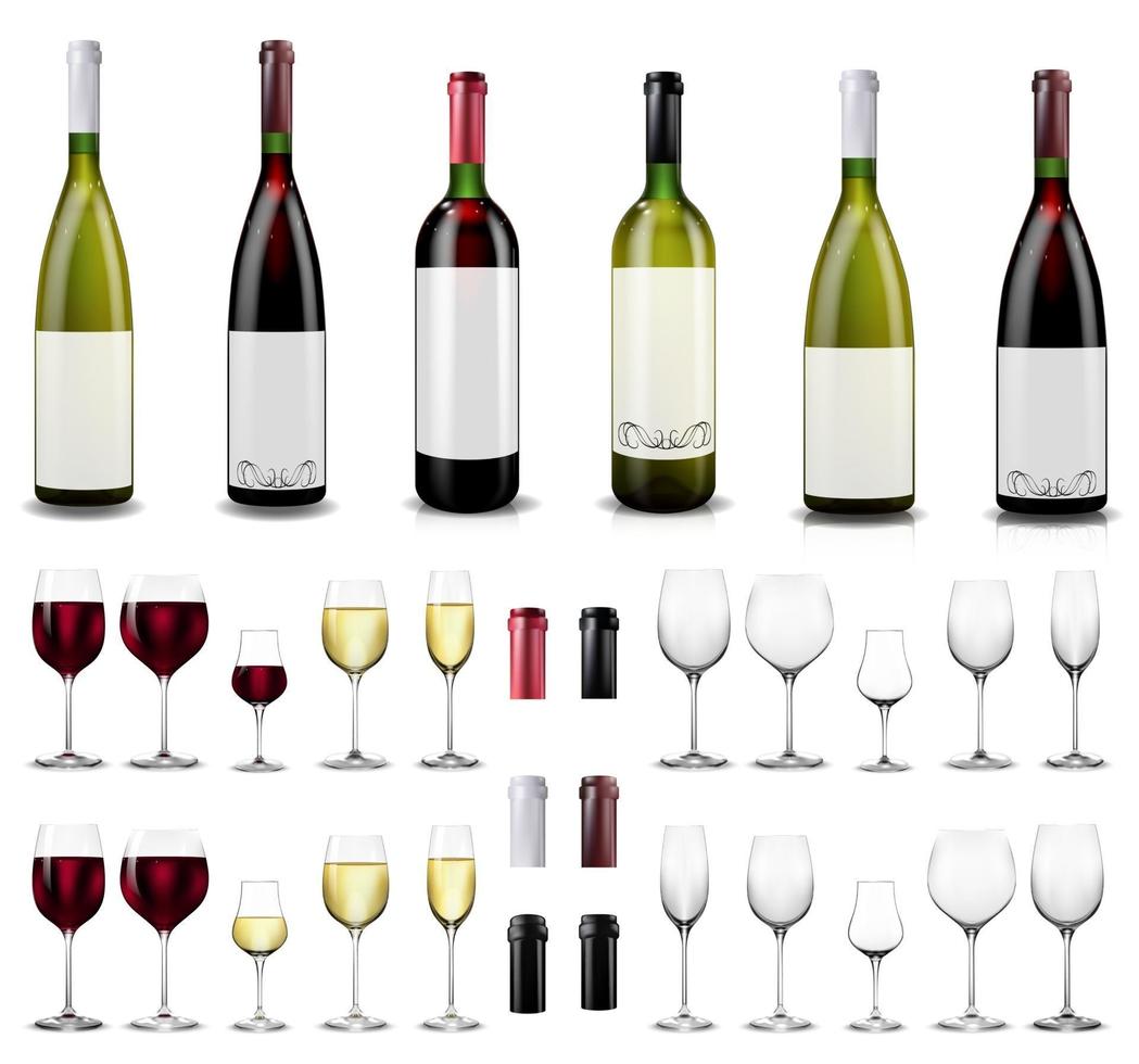 Full and empty wine glasses. Red and white wine bottles. vector