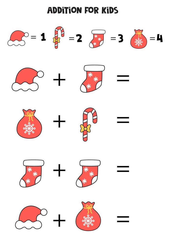 Addition for kids with cartoon Christmas elements. vector