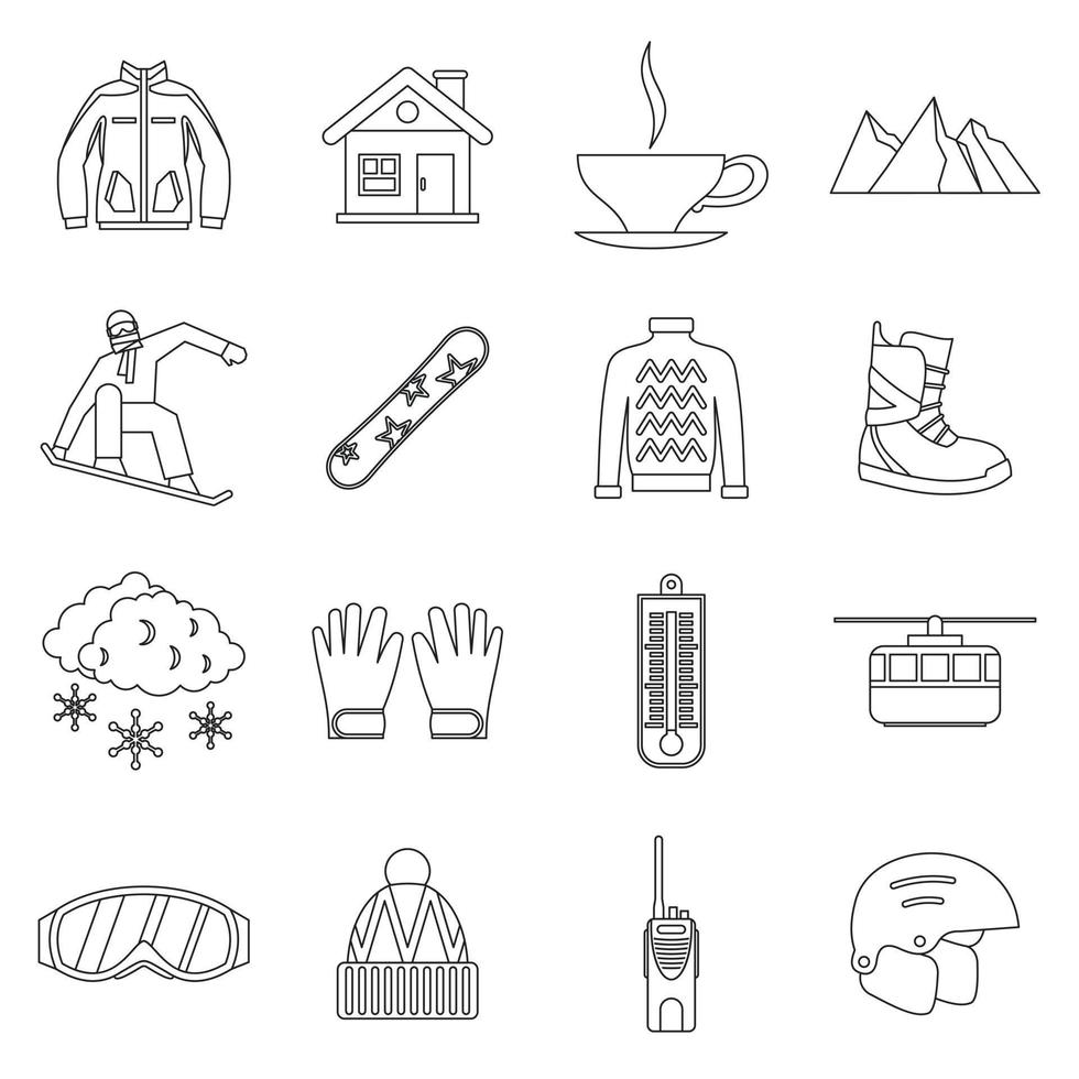 Snowboarding icons set, outline style. vector