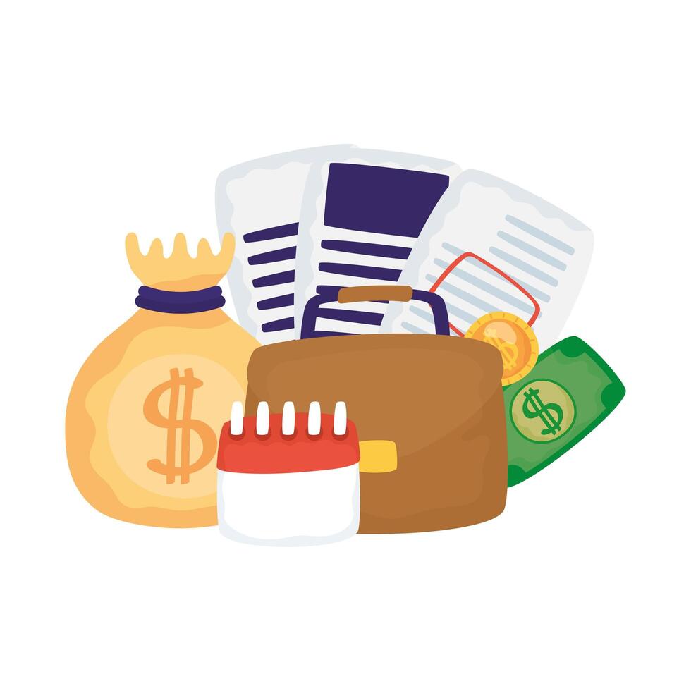 Isolated money bag with financial set icons vector