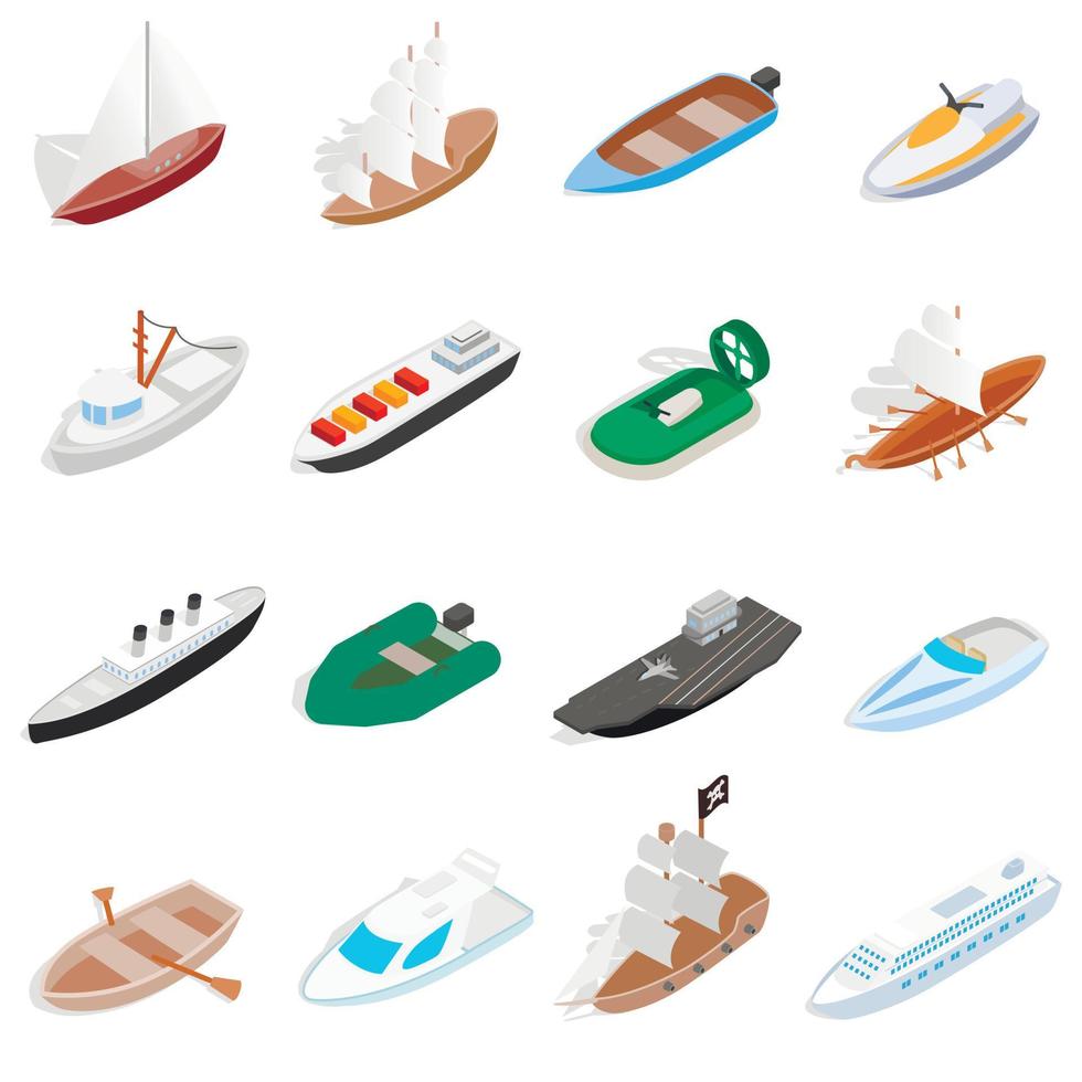Ship and boat icons set, isometric 3d style vector