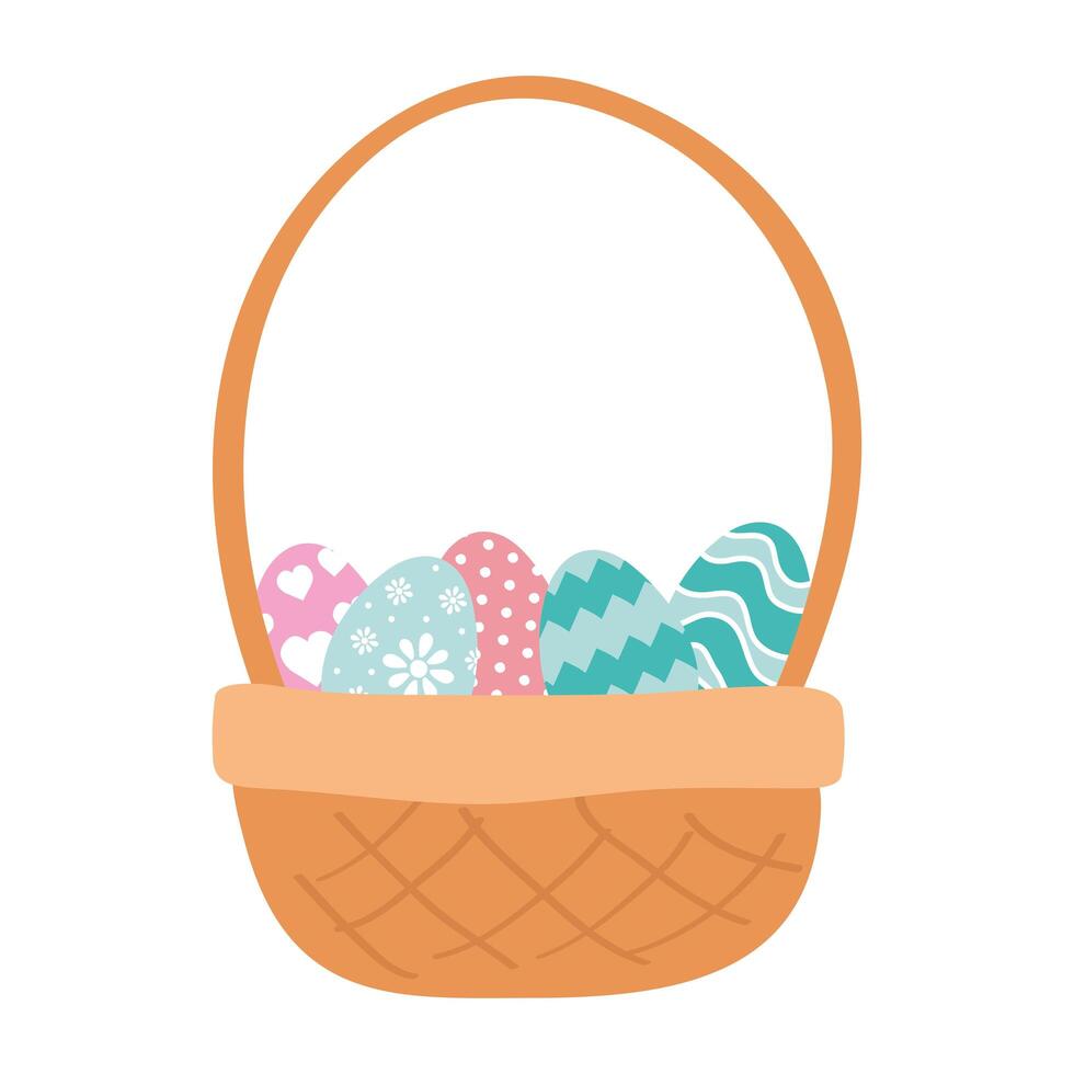 happy easter eggs painted in basket vector