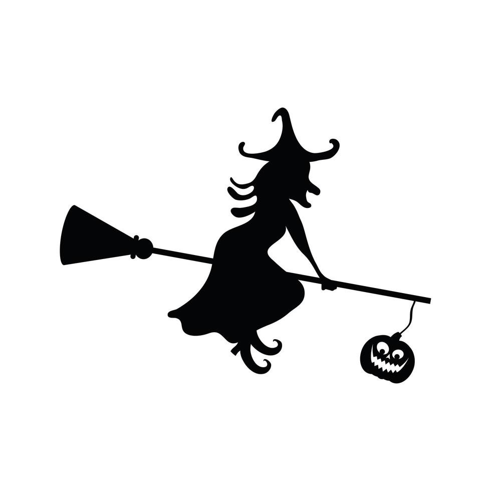 halloween witch flying in broom with pumpkin hanging silhouette vector