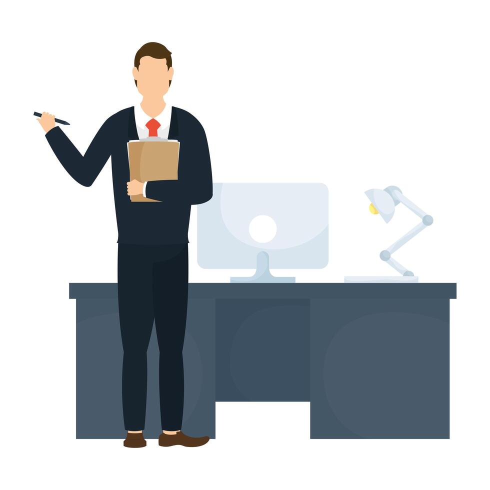 elegant businessman worker with desk and desktop in workplace vector