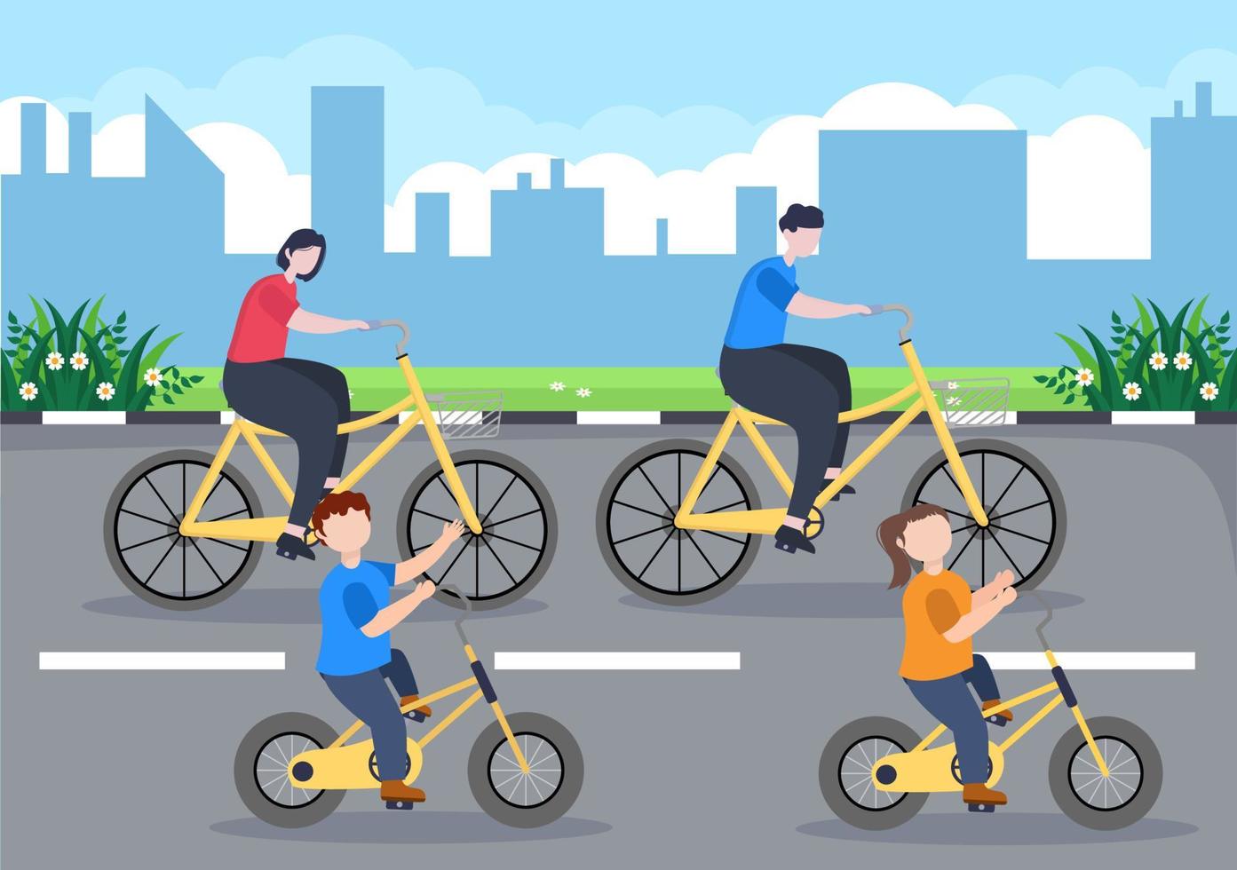 Ilustración plana de vector de bicicleta. Las personas que andan en bicicleta, practican deportes y realizan actividades recreativas al aire libre en la carretera del parque o en la autopista llevan un estilo de vida saludable.