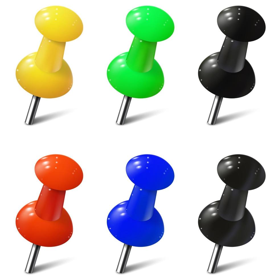 conjunto de chinchetas realistas en diferentes colores. chinchetas vector