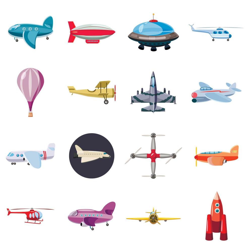 Aviation icons set, cartoon style vector