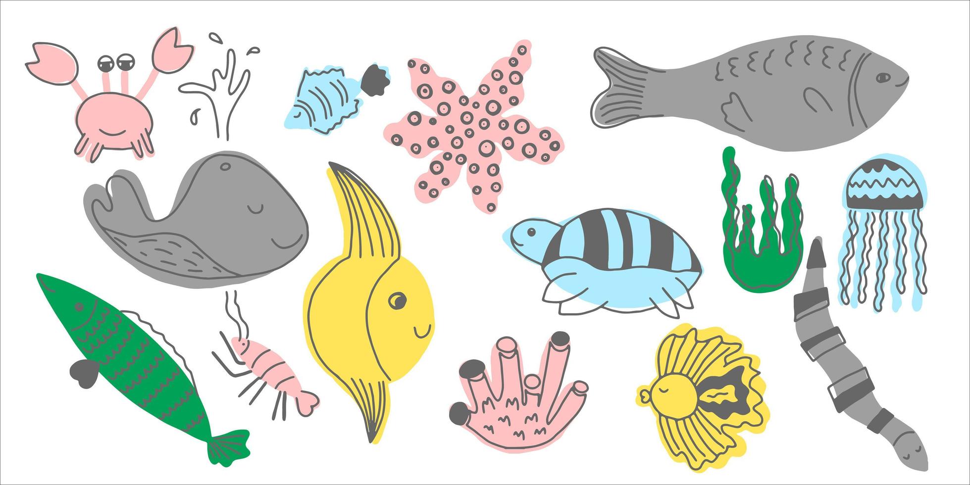 Hand draw vector set of different marine creatures fish, starfish, jellyfish, seaweeds, coral, crab, shrimp, moray, fish moon. Doodles illustration.