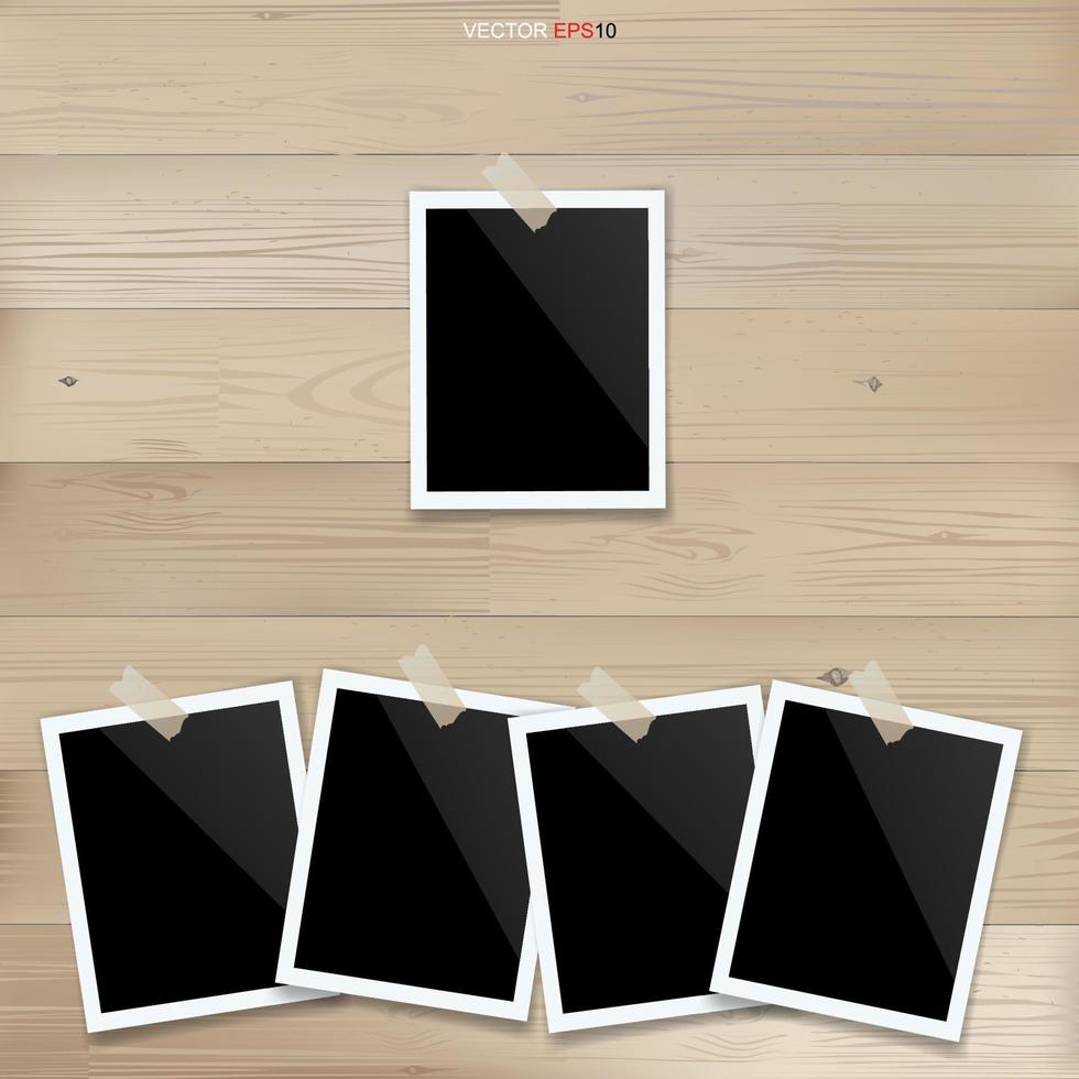 Blank photo frame or picture frame on wood background. Vector. vector