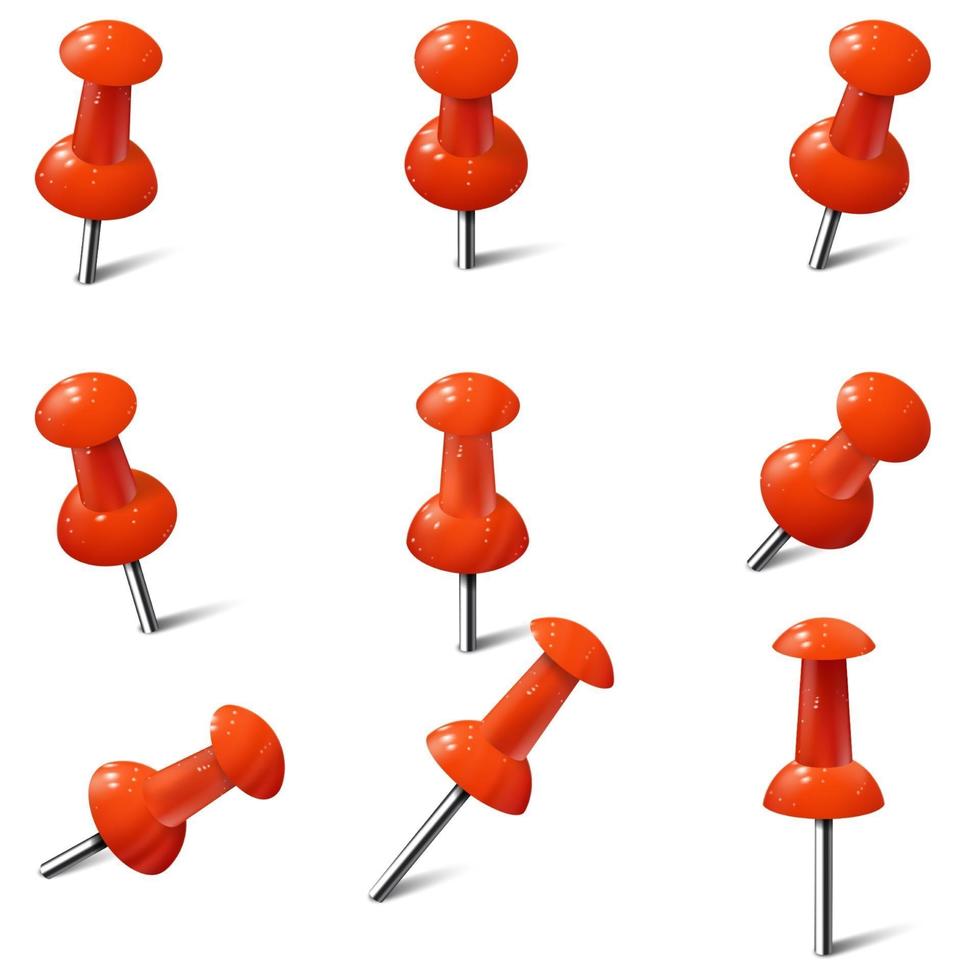 Set of realistic push pins in red color. Thumbtacks vector