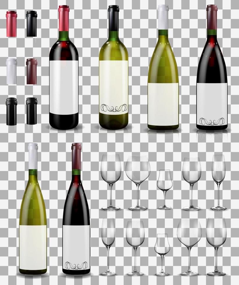 Wine glasses and bottles. Caps closing the stopper bottle. vector