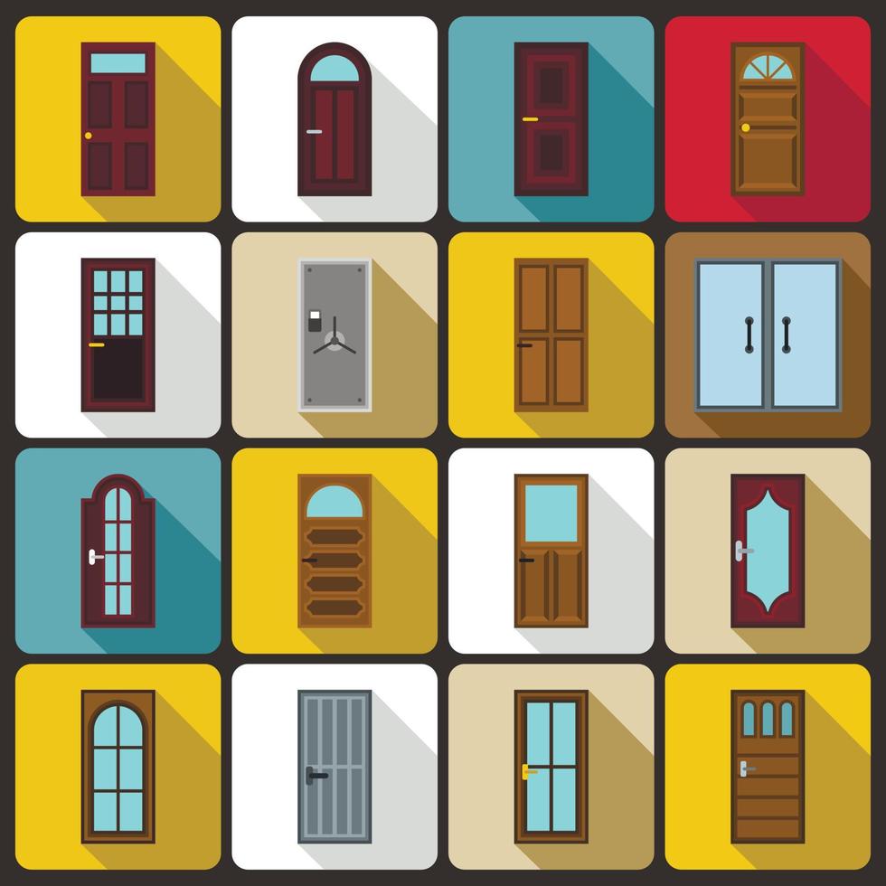 Door icons set, flat style vector