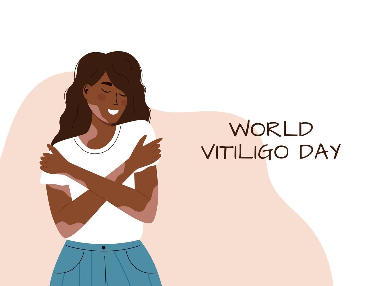 Vector illustration of smiling afro american girl with vitiligo. World Vitiligo Day. Another kind of beauty. Love yourself, accept your body. Banner for international Vitiligo Day. White background.