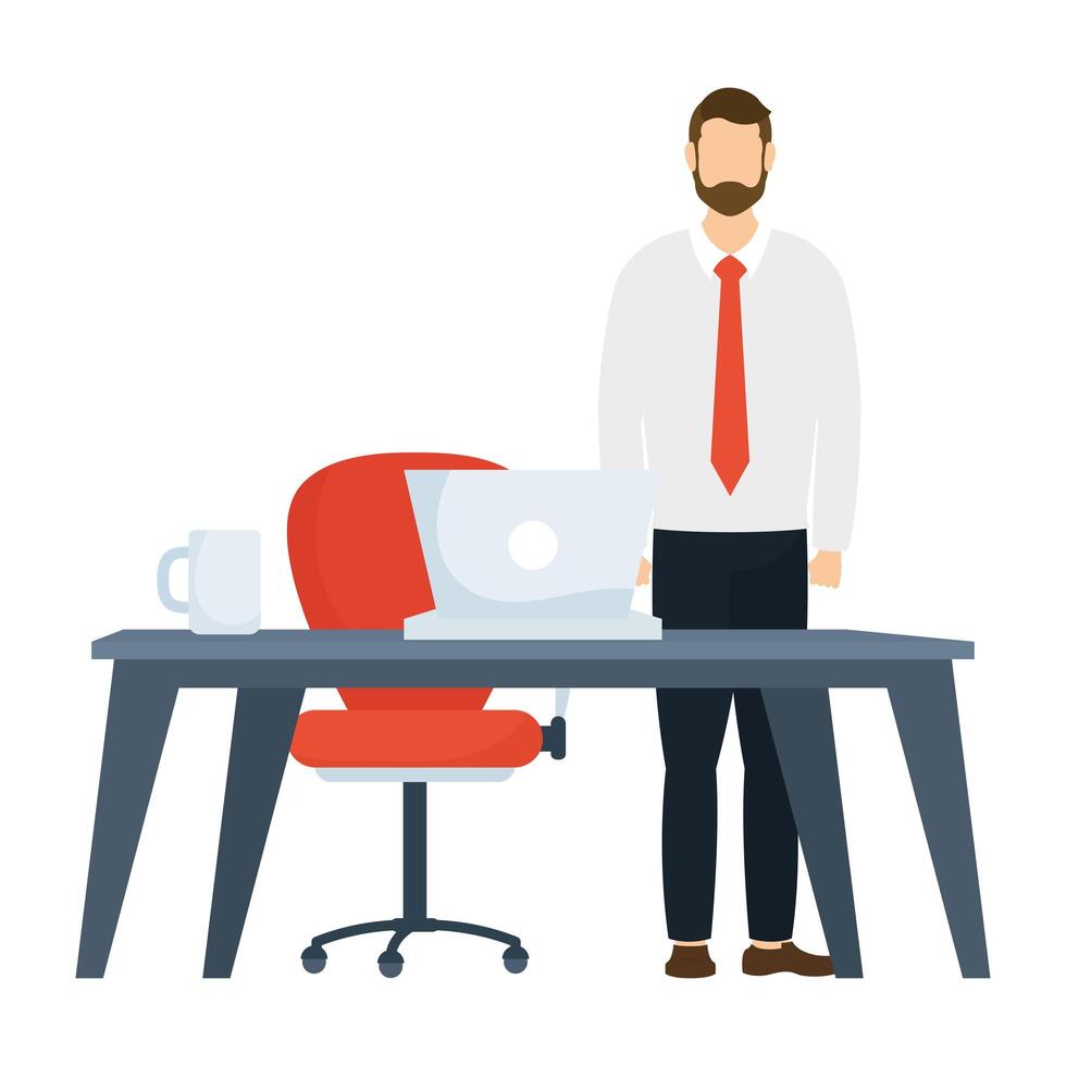 elegant businessman worker with desk and laptop in workplace vector