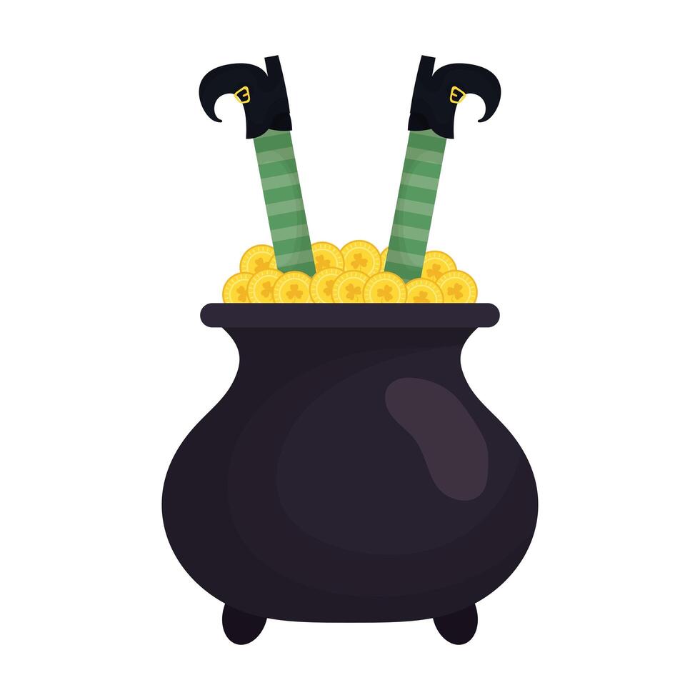 elf treasure cauldron with coins and legs leprechaun vector