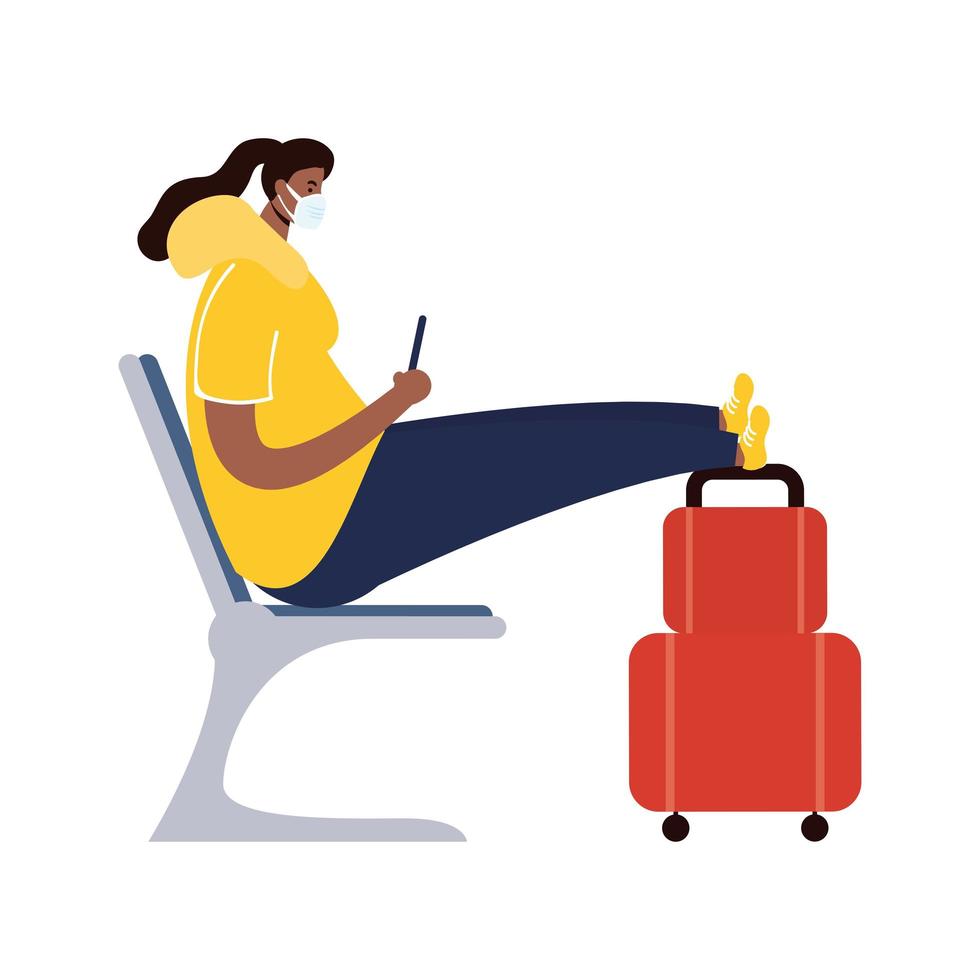 afro young woman wearing medical mask with suitcase in waitingroom vector
