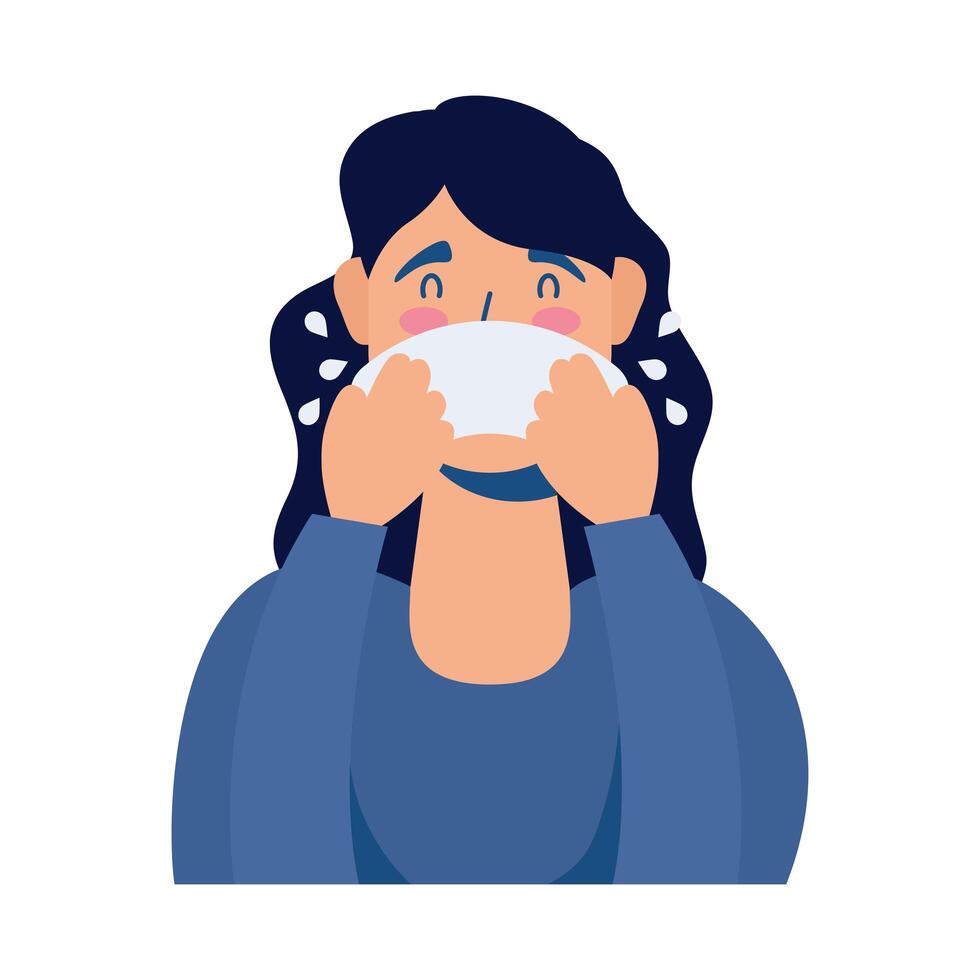 young woman sick with runny nose avatar character vector