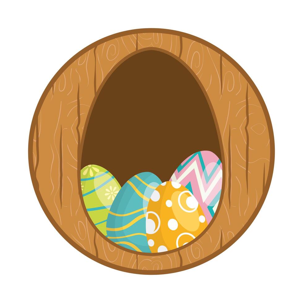 Felices pascuas tres huevos pintados en fondo de madera vector