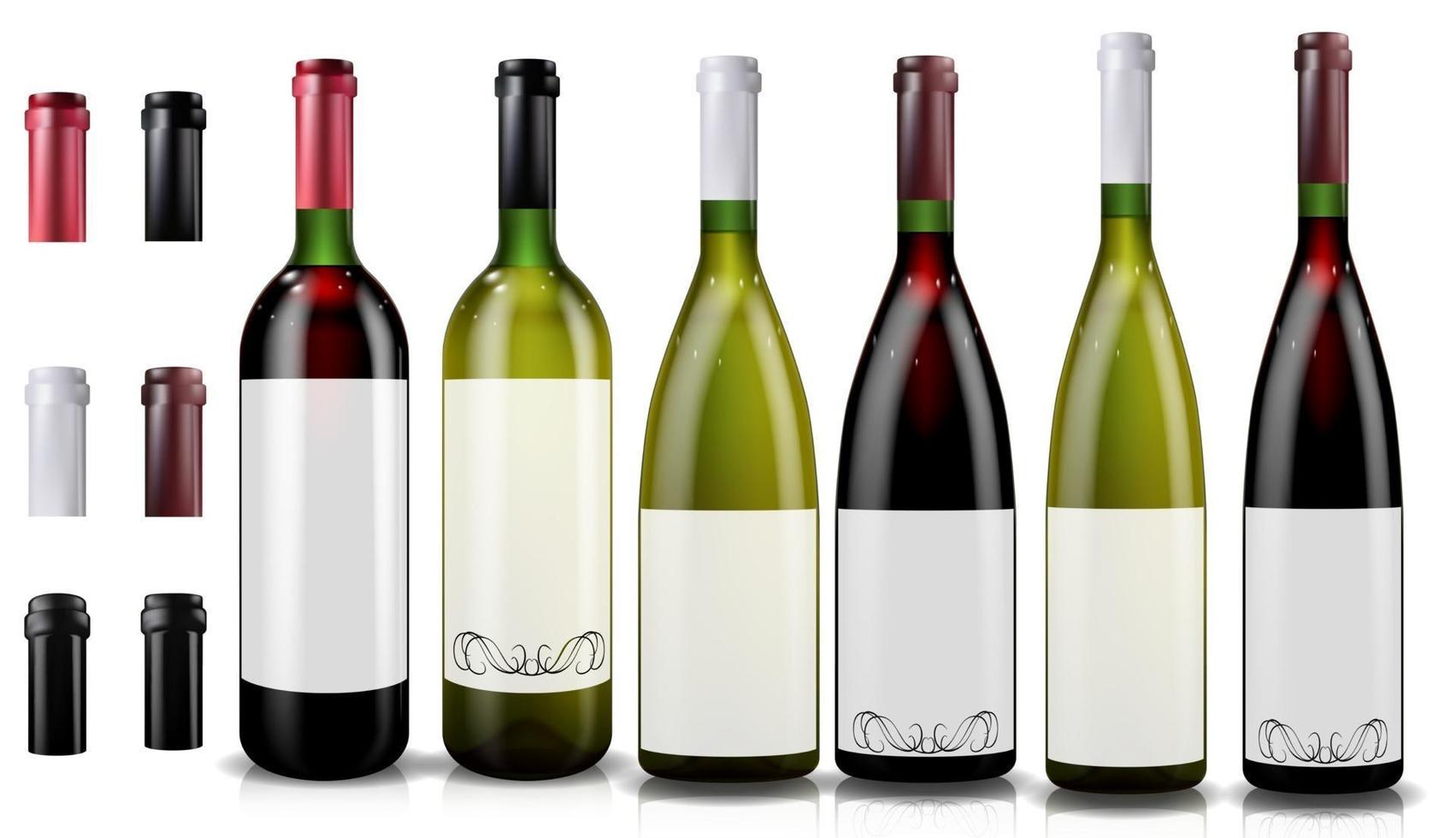 Red and white wine bottles. Realistic mockup. vector