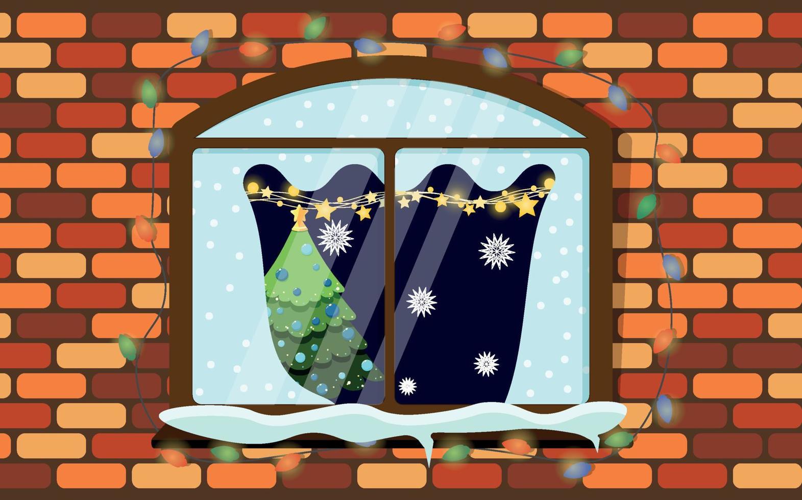Christmas window in a brick wall. Living room with Christmas. Happy new year decoration. Vector illustration