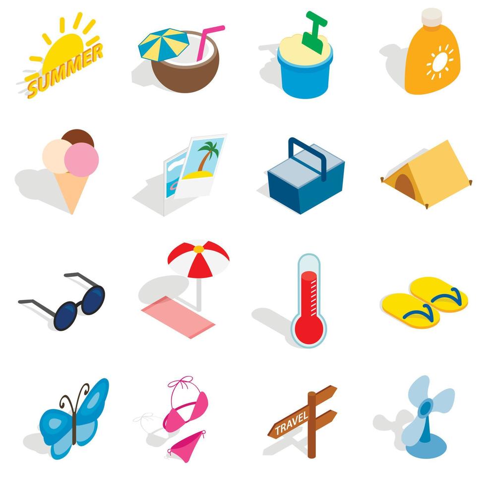 Summer icons set, isometric 3d style vector