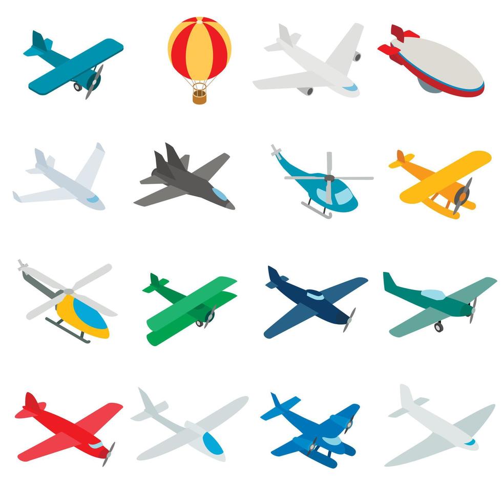 Aviation icons set, isometric 3d style vector