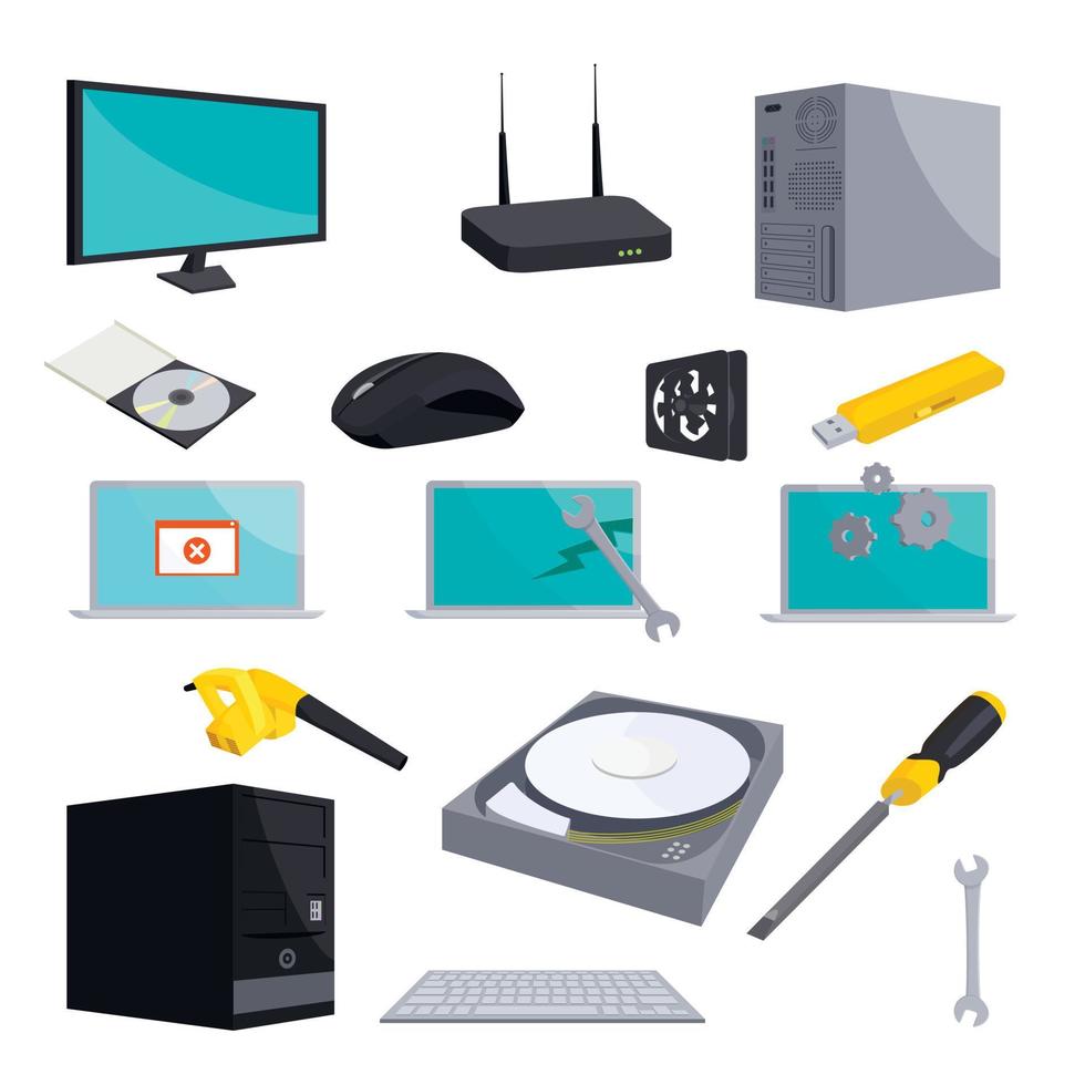 Computer repair icons set, cartoon style vector