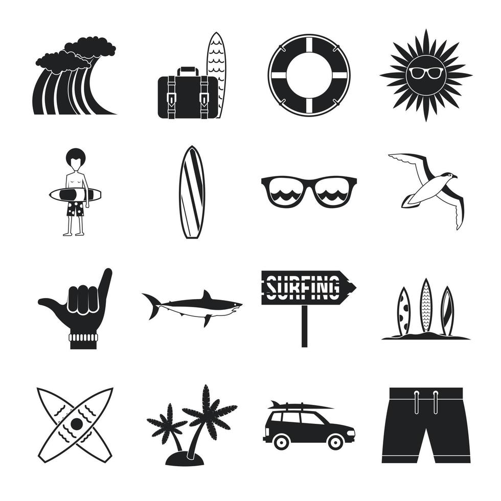 Surfing icons set, simple style vector