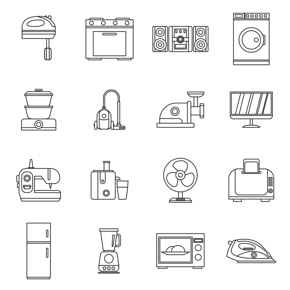 Household appliances icons set, outline style vector