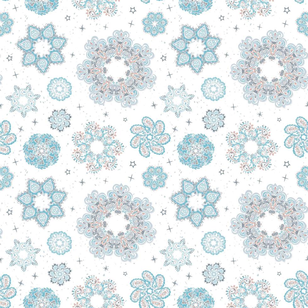 Vector modern seamless pattern with colorful hand draw illustration of snowflakes. Use it for wallpaper, textile print, fills, web page, surface textures, wrapping paper, design of presentation