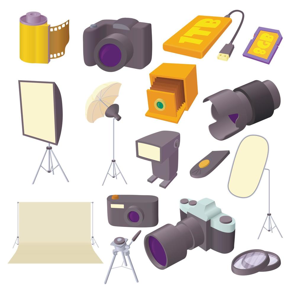 Conjunto de iconos de estudio fotográfico, estilo de dibujos animados vector