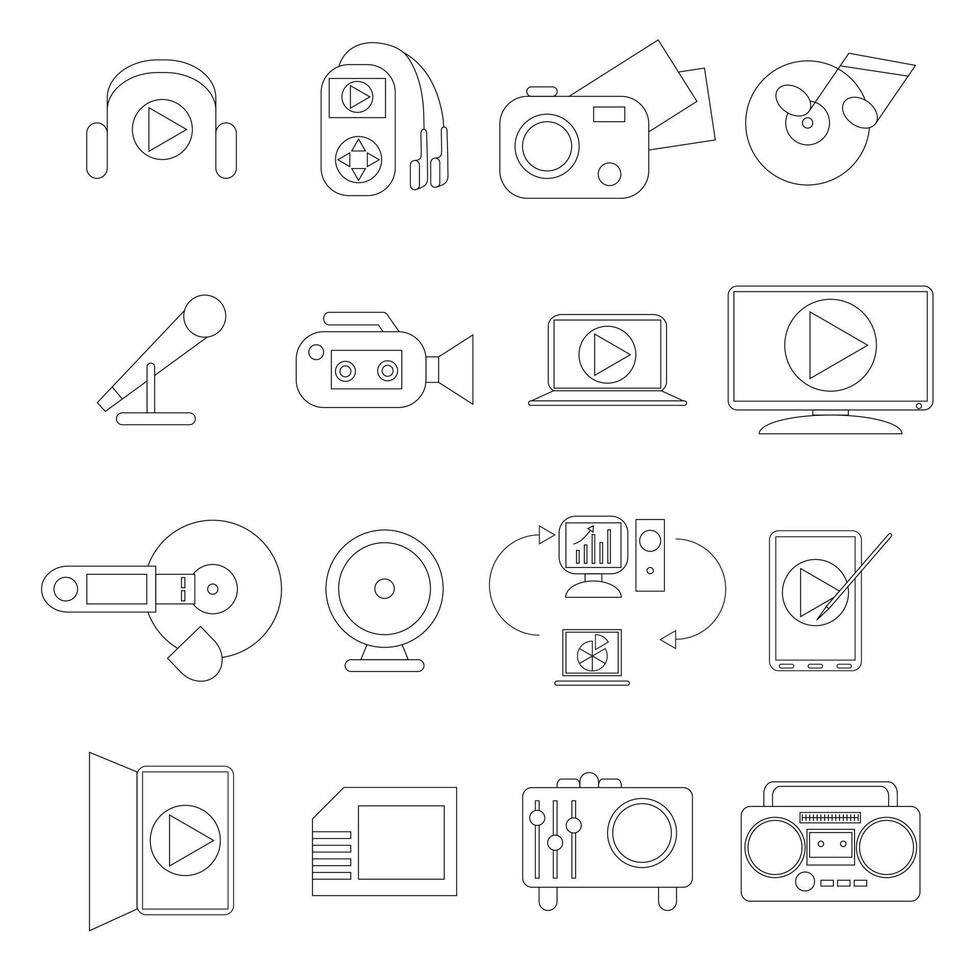 conjunto de iconos multimedia, estilo de línea fina vector