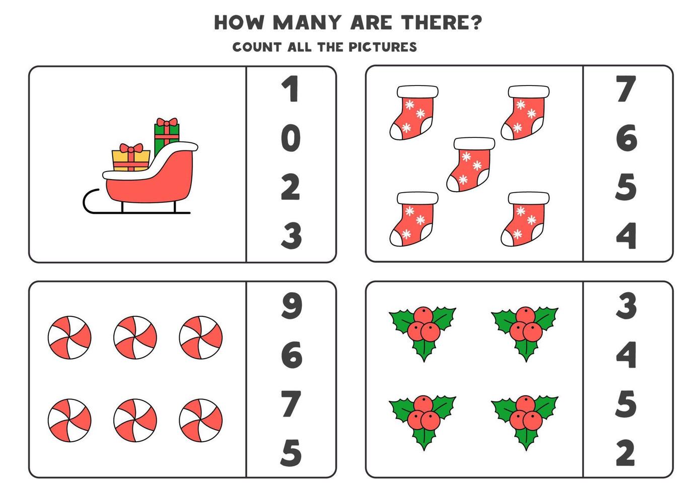 Counting game with Christmas elements. Educational worksheet. vector