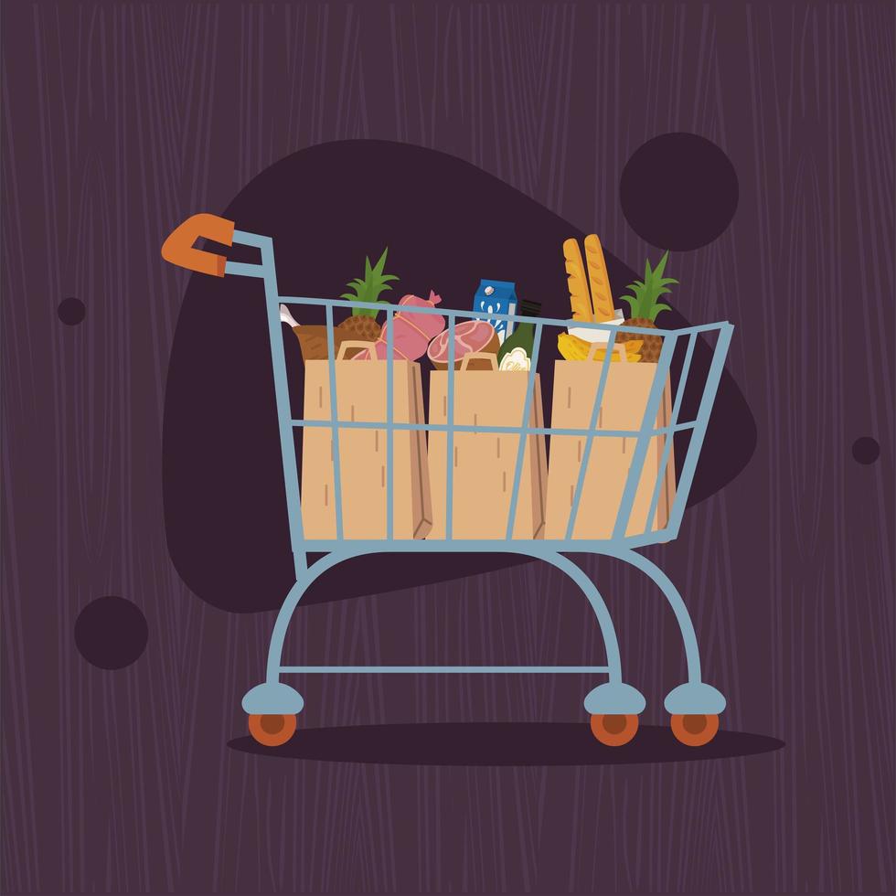 shopping cart with food bags vector