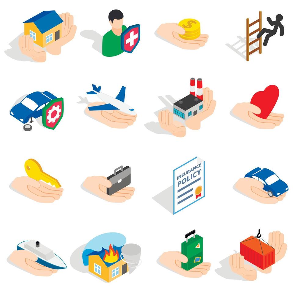 Insurance icons set, isometric 3d style vector