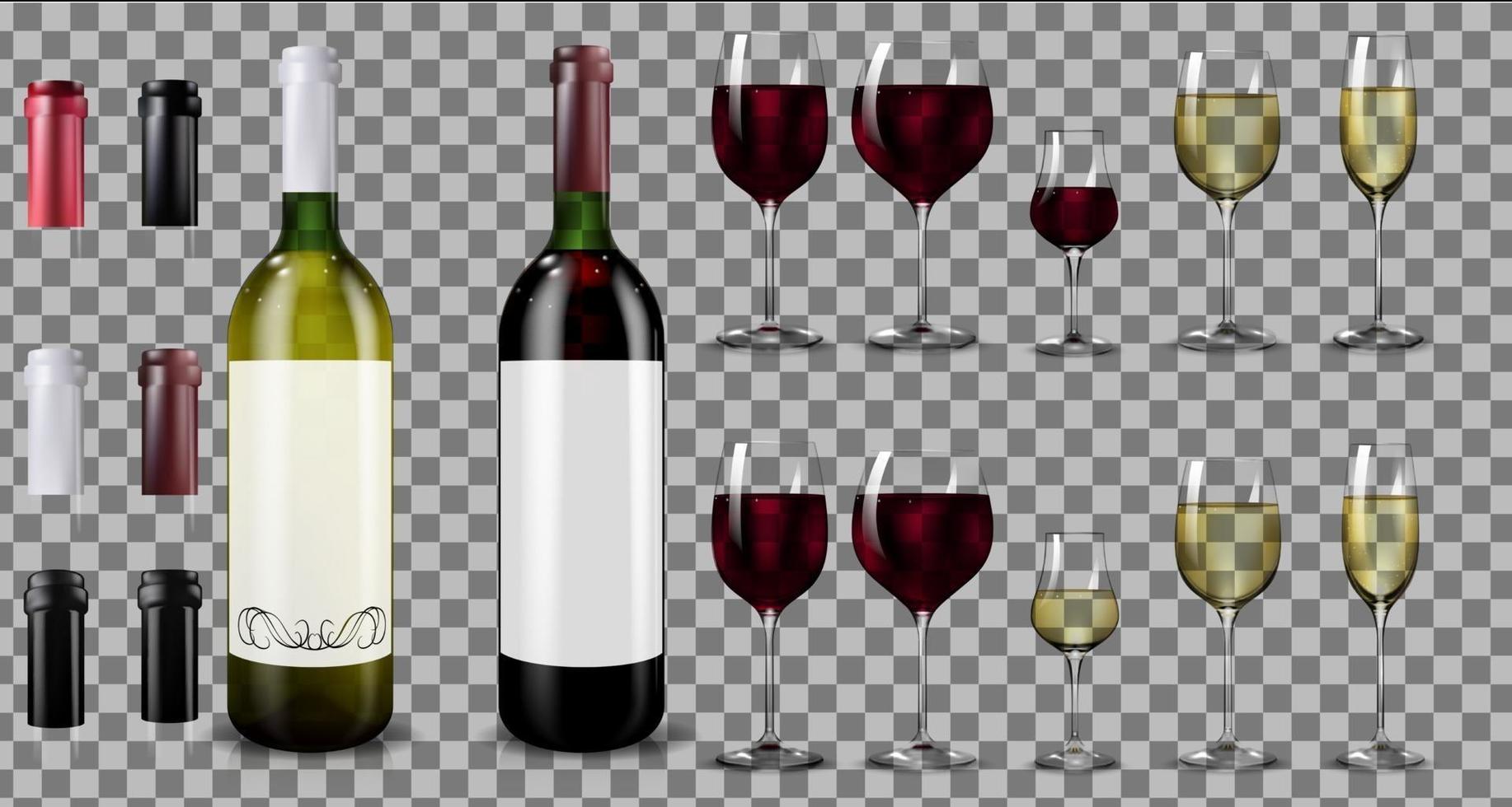 Red and white wine bottles and glasses. Realistic mockup vector
