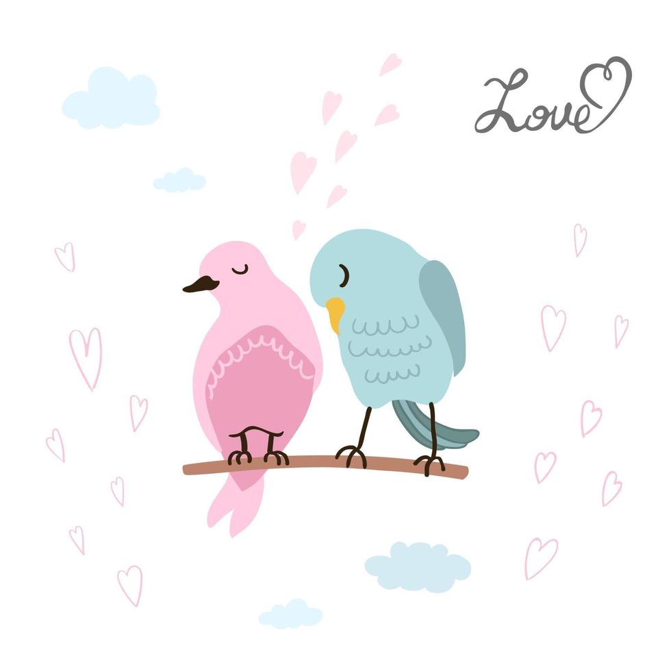 Vector colorful illustration of cute couple of birds in love. Can be used for childish t-shirt print, textile print, cloth, baby wear, kids room decoration, invitation, greeting card, and posters