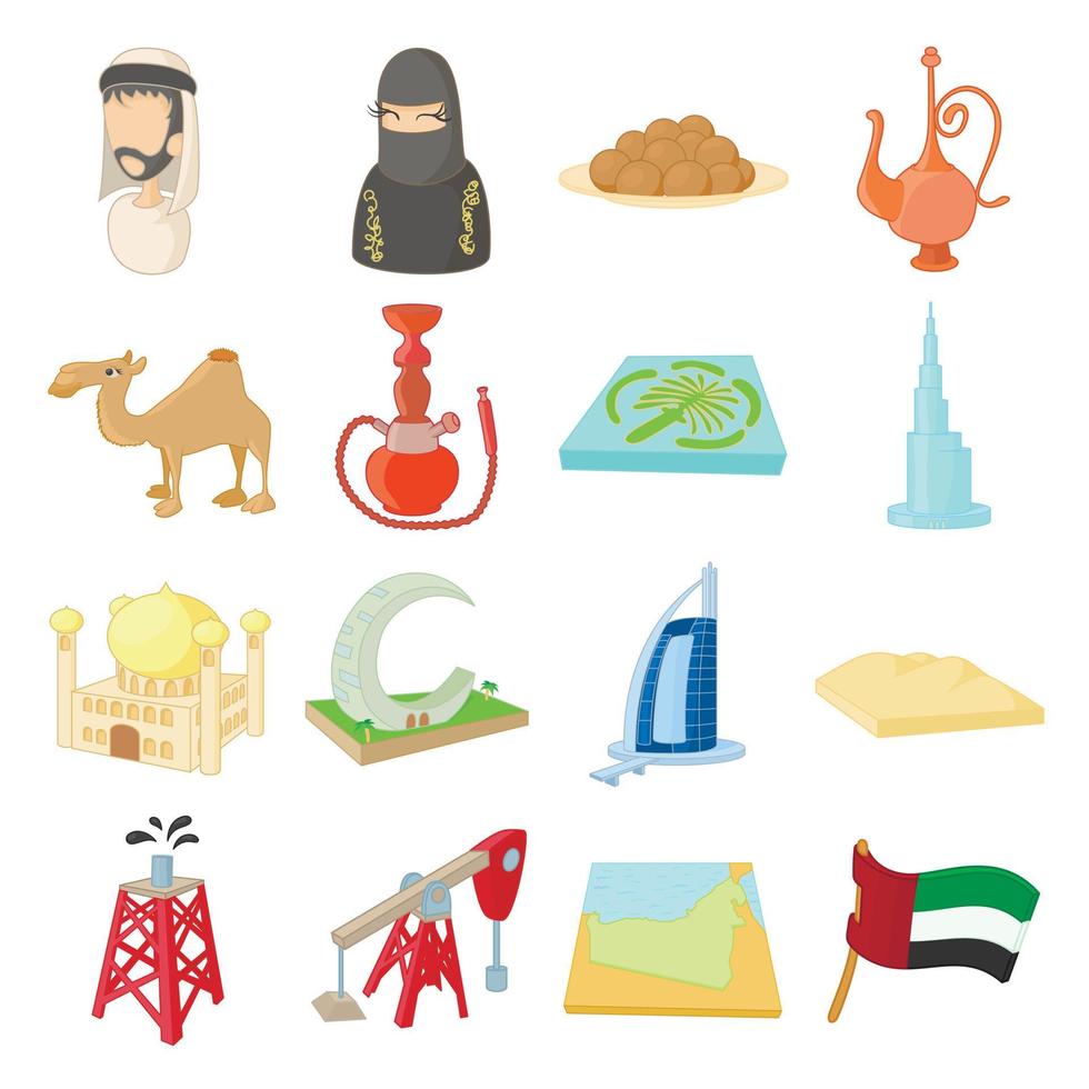 conjunto de iconos de emiratos árabes unidos, estilo de dibujos animados vector