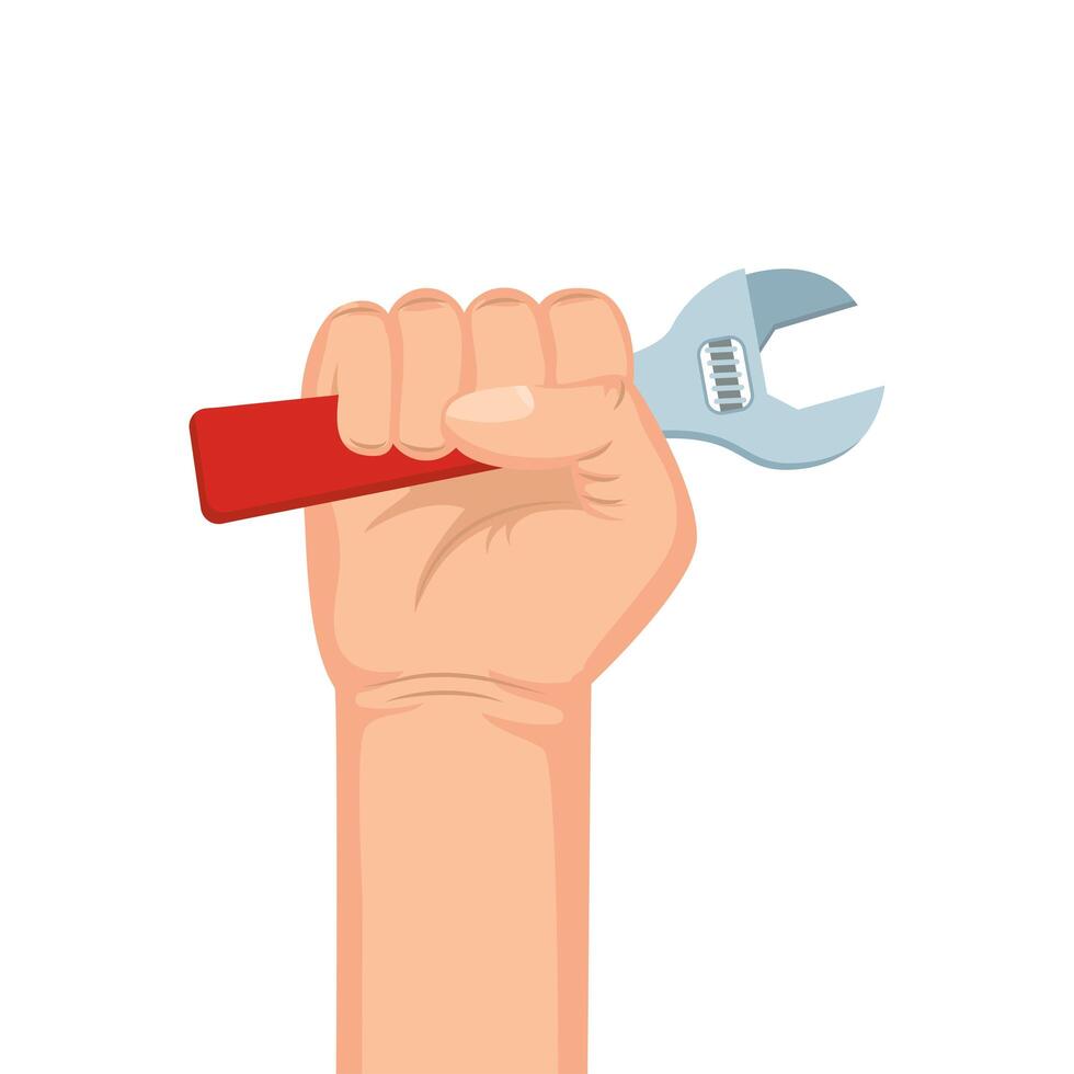 hand with wrench key tool isolated icon vector