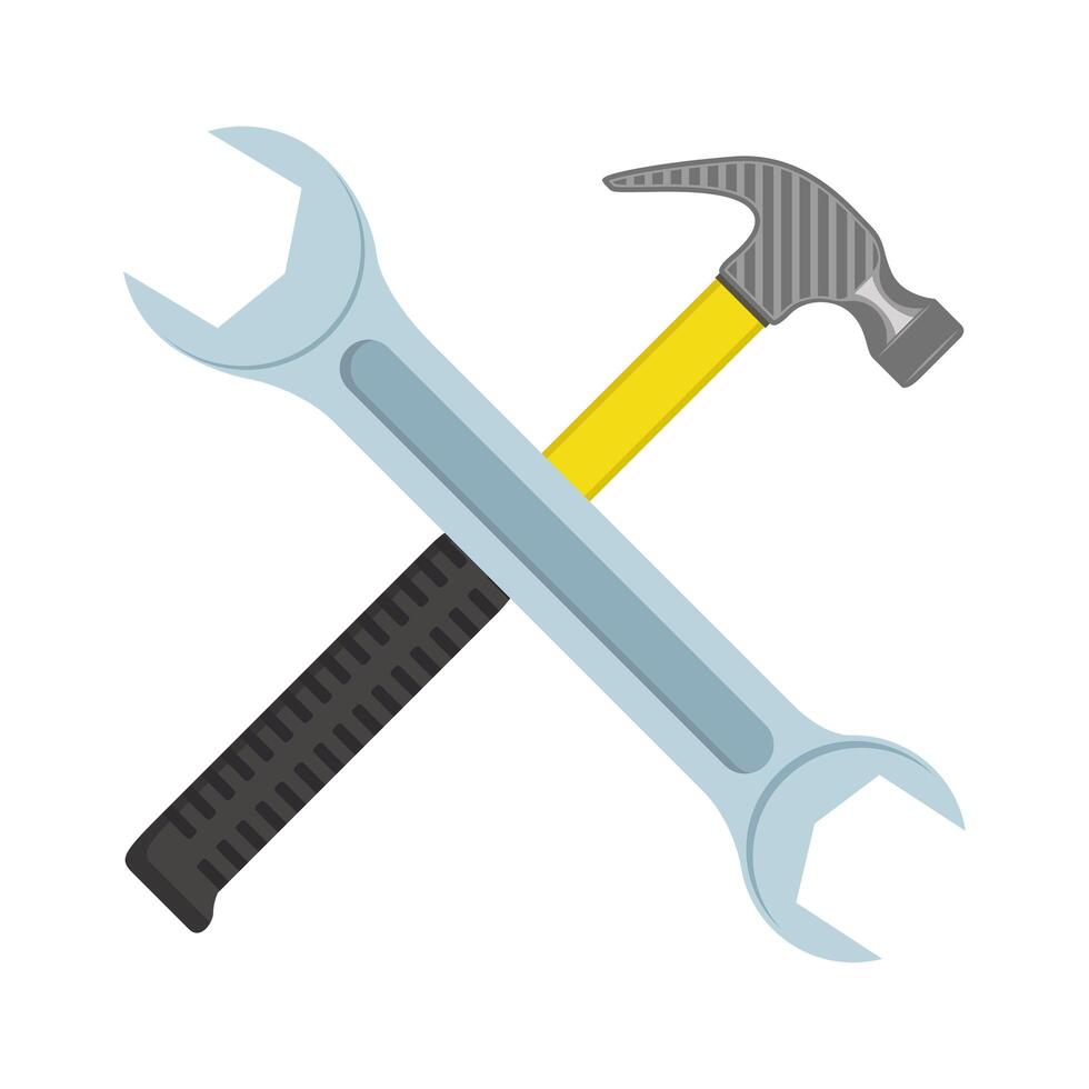 wrench key and hammer tools crossed vector